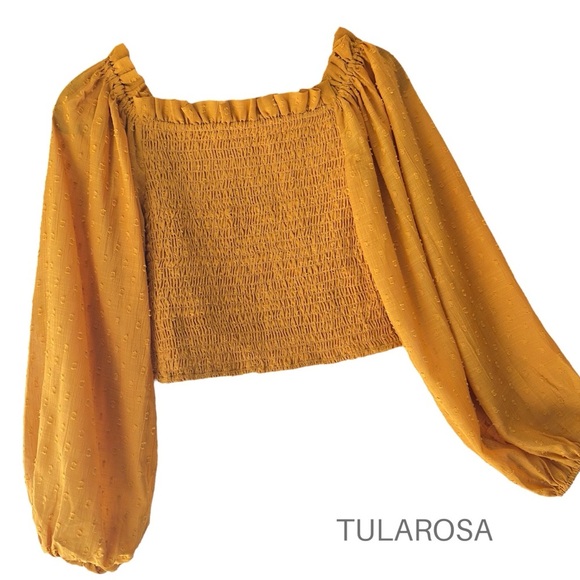 TULAROSA | NWOT SMOCKED CROP TOP BALLOON SLEEVES RUFFLE NECK SAFFRON | SMALL - Picture 1 of 9